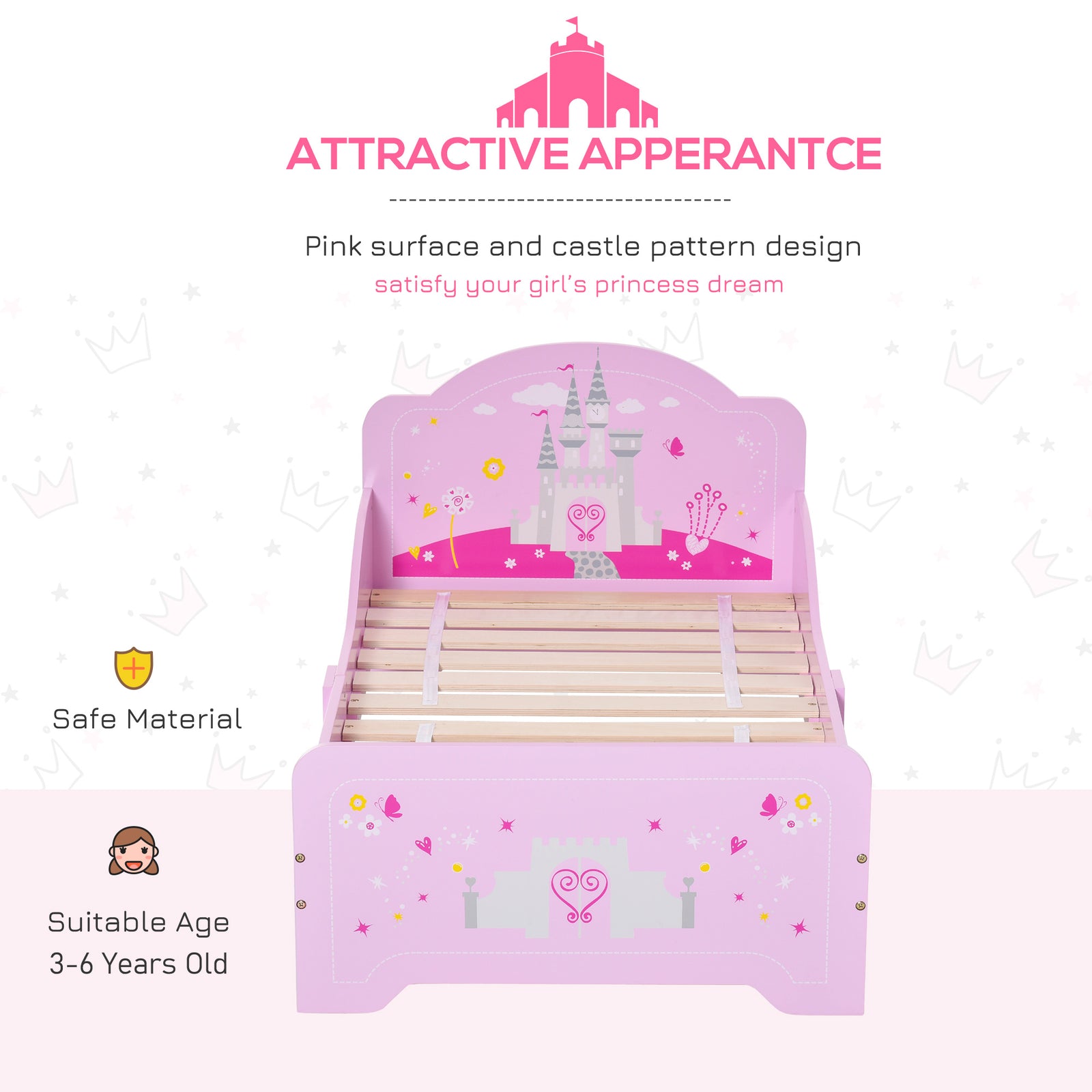 Kids Princess Castle Bed With Side Rails Slats Home Furniture 3-6 Yrs Pink