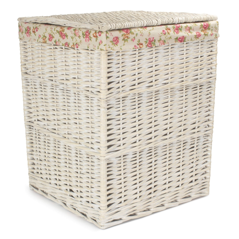 Oatmeal Cotton Lined Square White Wash Wicker Laundry Basket | Small | Pink