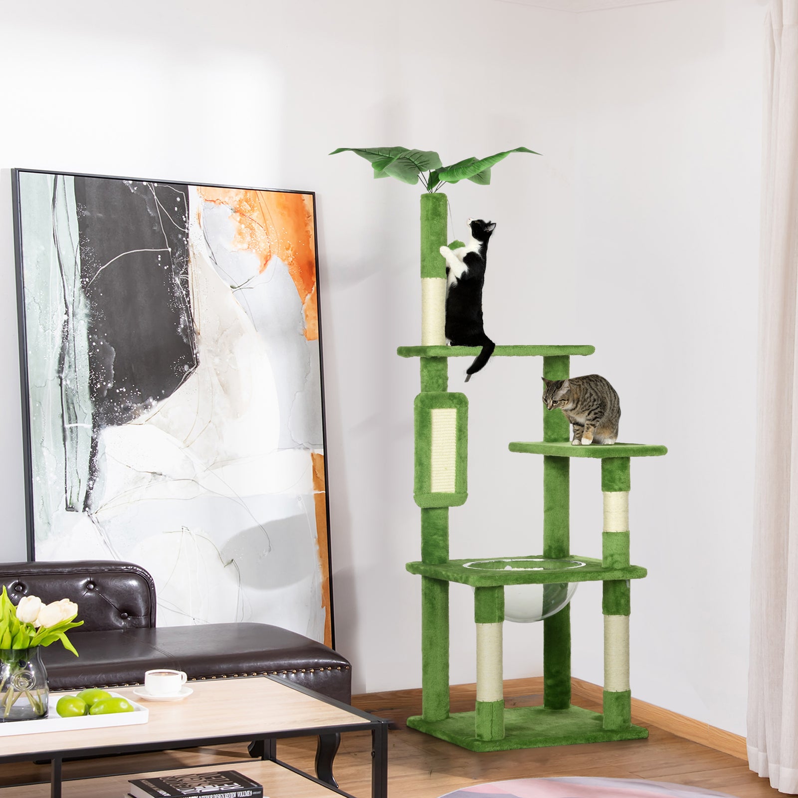 142cm Cat Tree Tower W/ Scratching Post, Hammock, Ball, Platforms, Green