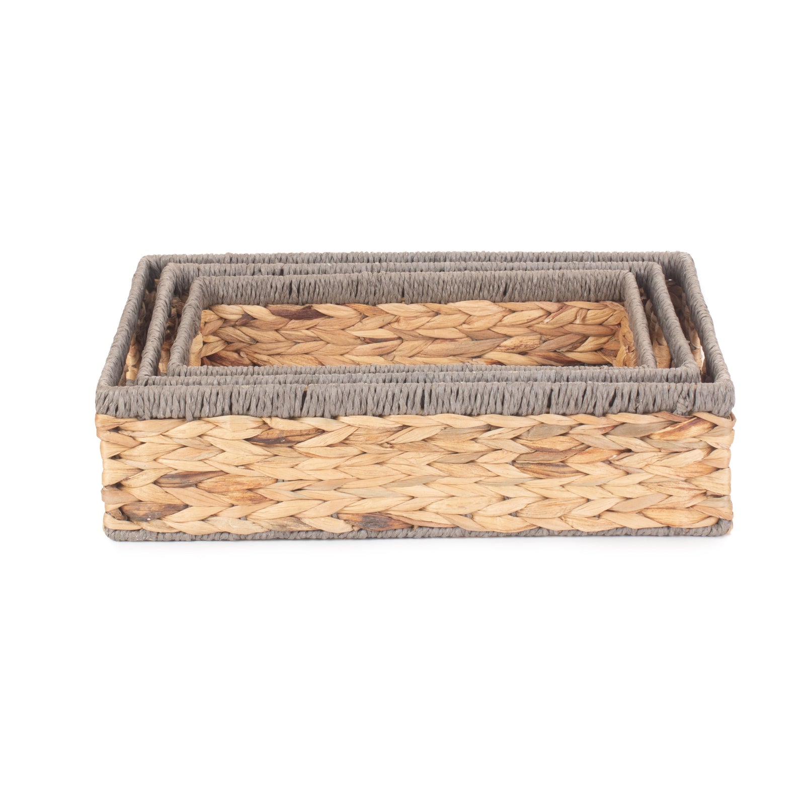 Shallow Rectangular Water Hyacinth With Grey Rope Border Storage Basket | Set-of-3 | Brown