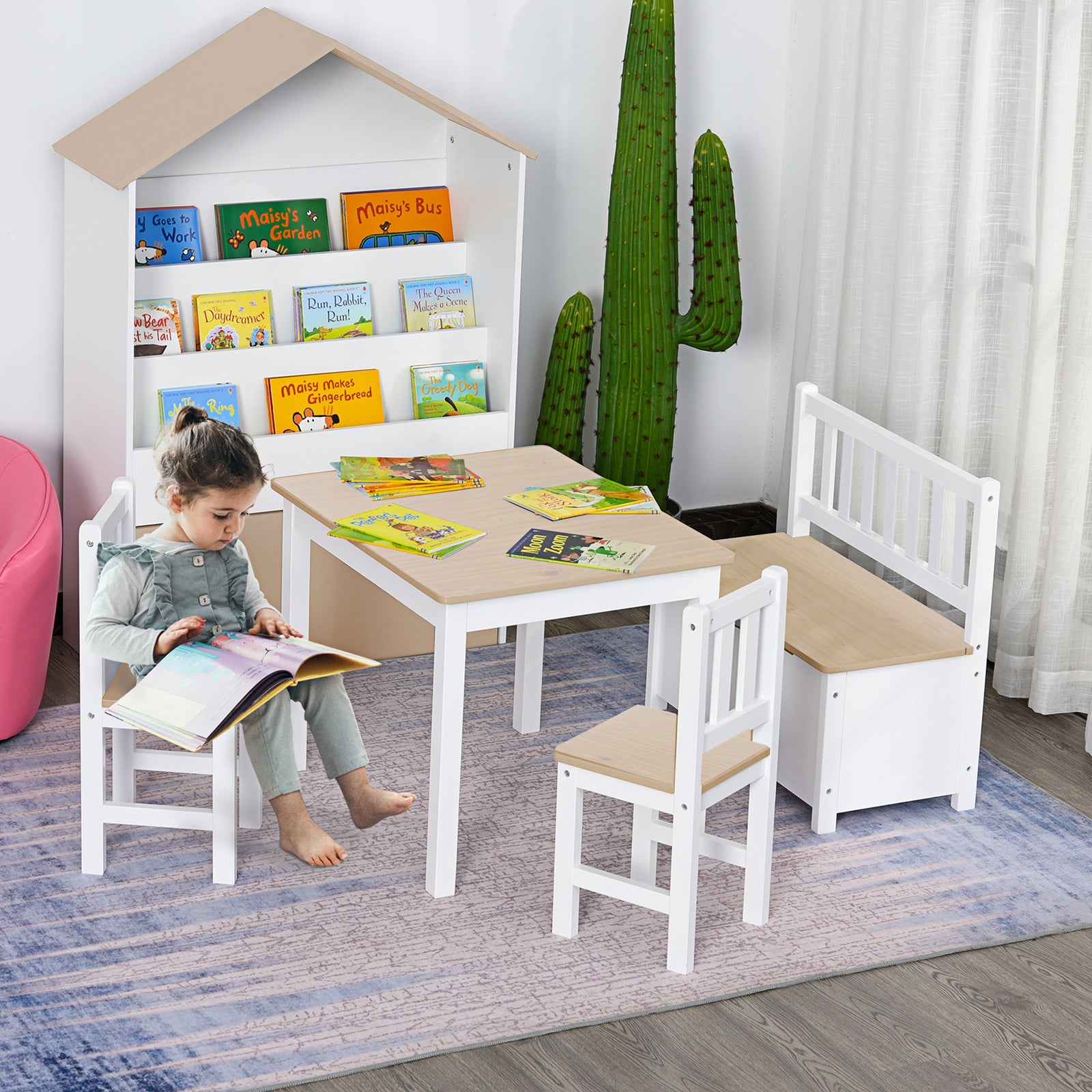 4-piece Set Kids Wood Table Chair Bench W/ Storage Function For 3 Years+ | Beige