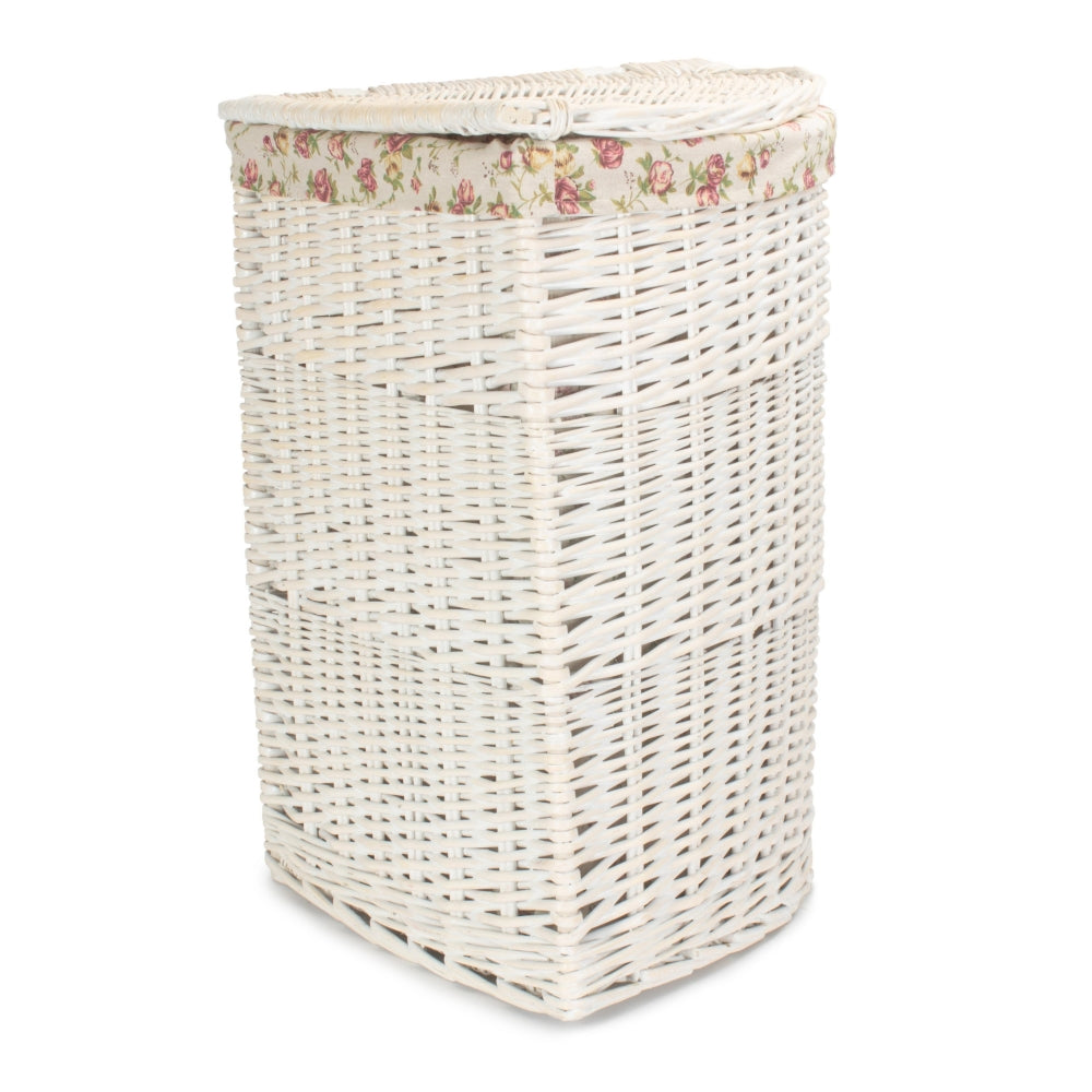 Corner White Wash Laundry Hamper With Garden Rose Lining | Large | Pink