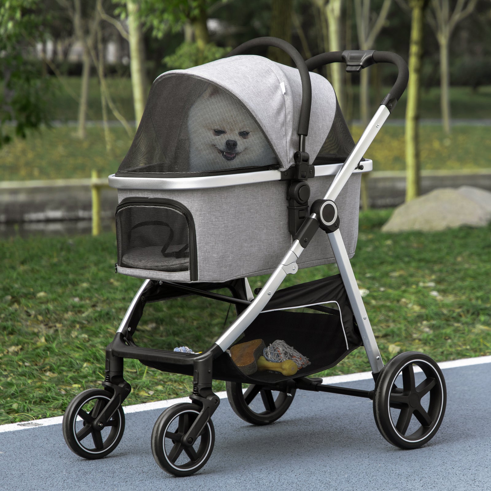 One-click Foldable Pet Stroller W/ Storage Basket, For Small Pets - Grey