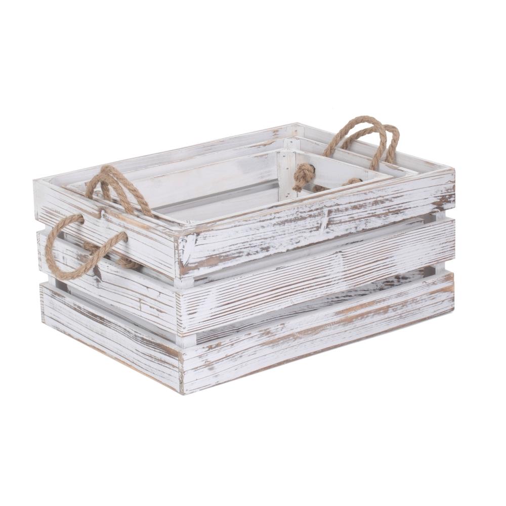 Red Hamper Distressed White Rope Handled Wooden Crate