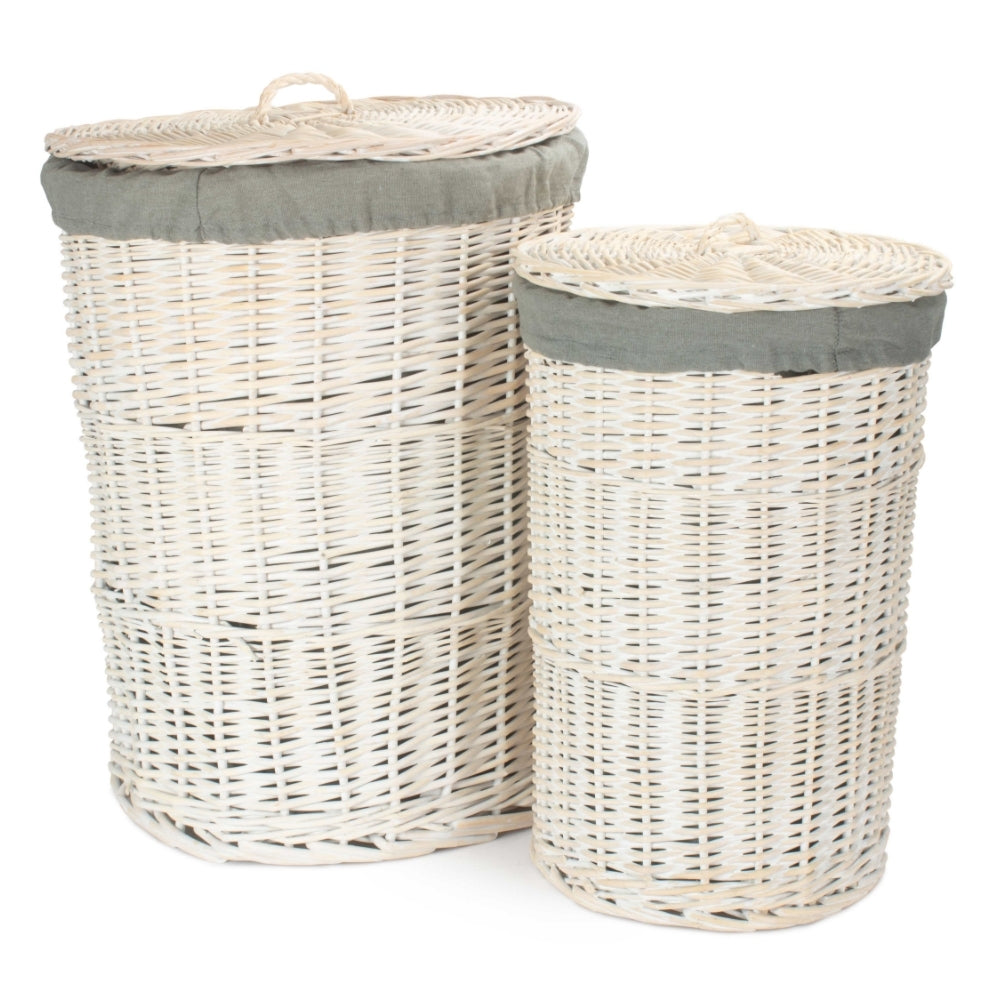 Round White Wash Laundry Hamper With Grey Sage Lining | Set-of-2