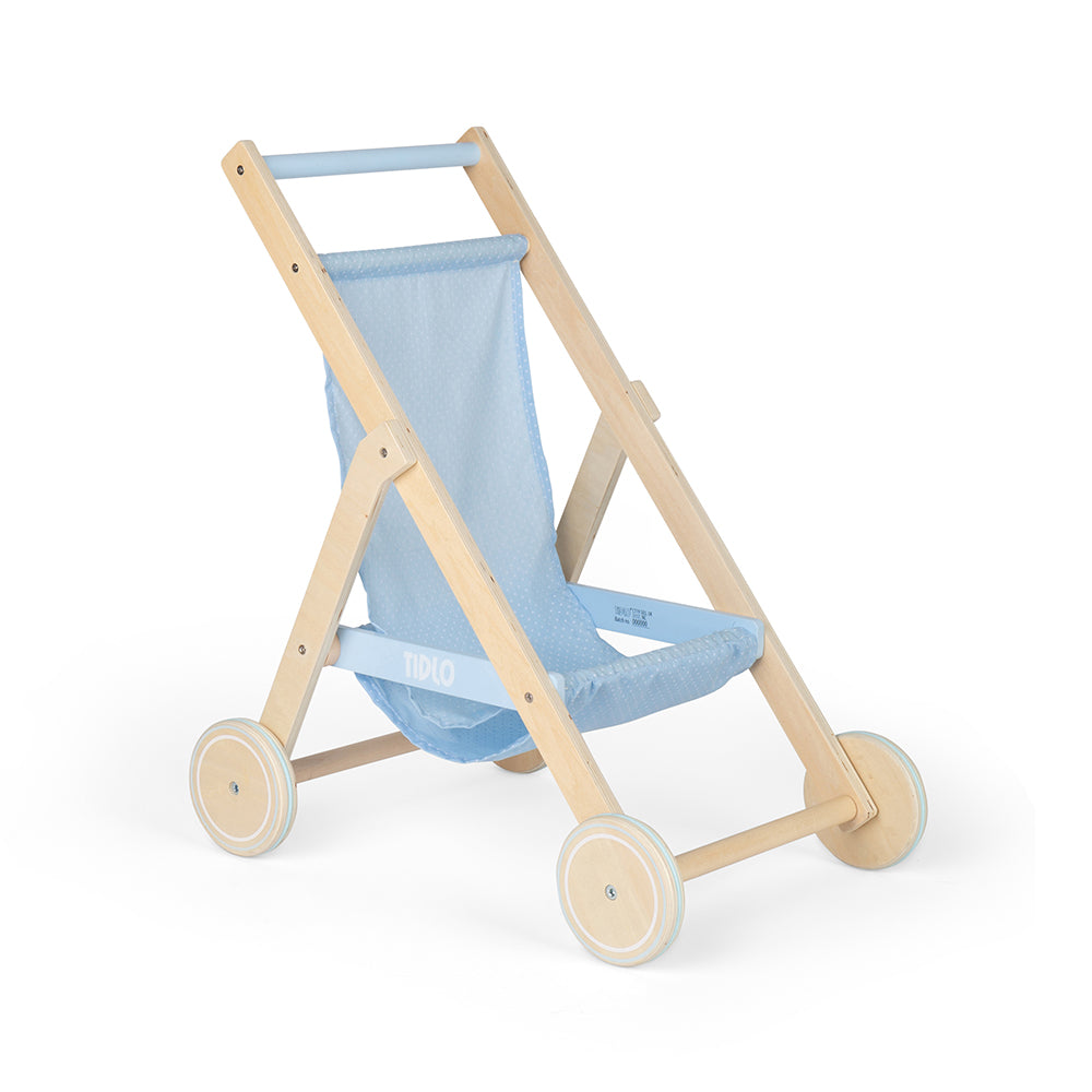 Wooden Doll's Stroller, Pastel-blue Polka Dot Design