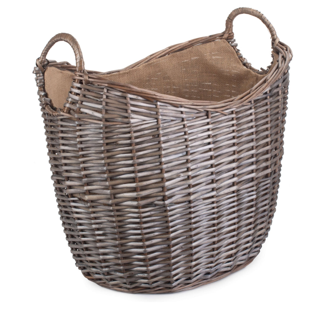 Wicker Scoop Neck Antique Wash Hessian Lined Log Basket | Large | Brown