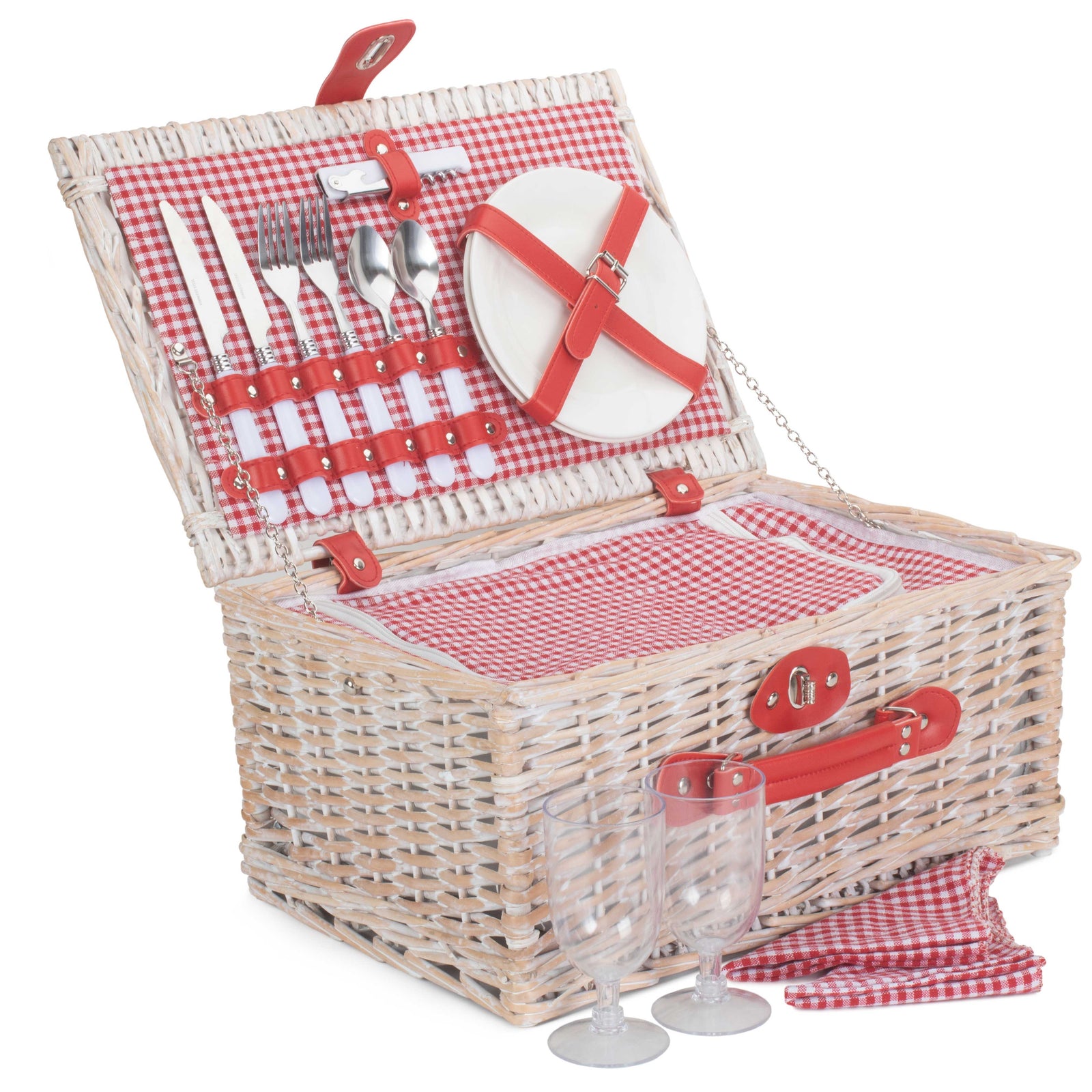 Gingham 2 Person Fitted Picnic Wicker Basket | Red