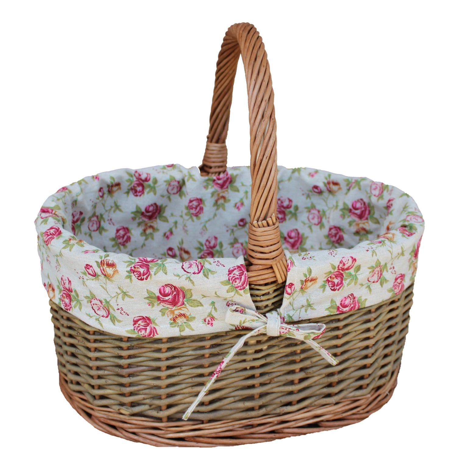 Garden Rose Lined Country Oval Wicker Shopping Basket | Large | Pink