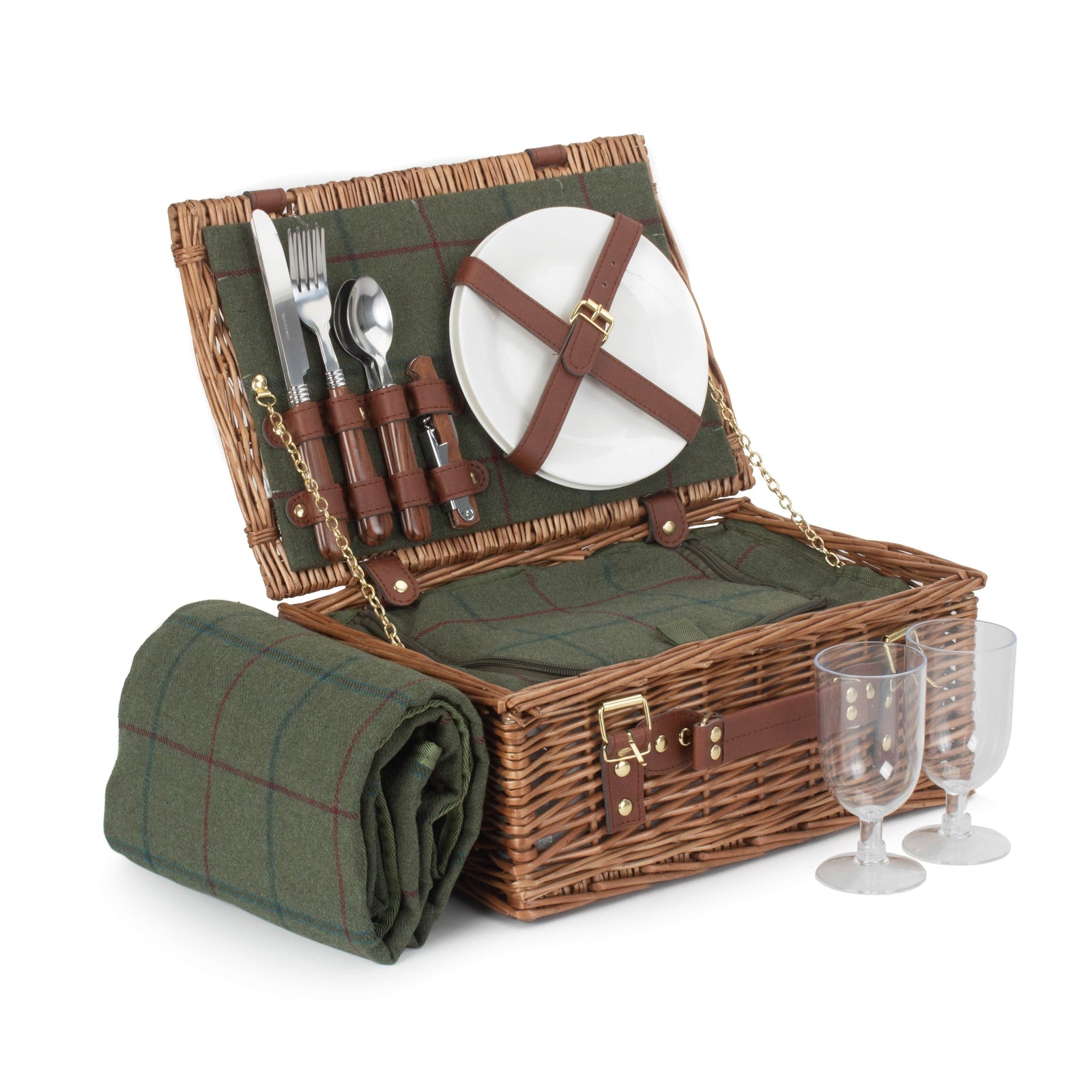 Green Tweed Classic Picnic Wicker Basket | 2-Person | Green