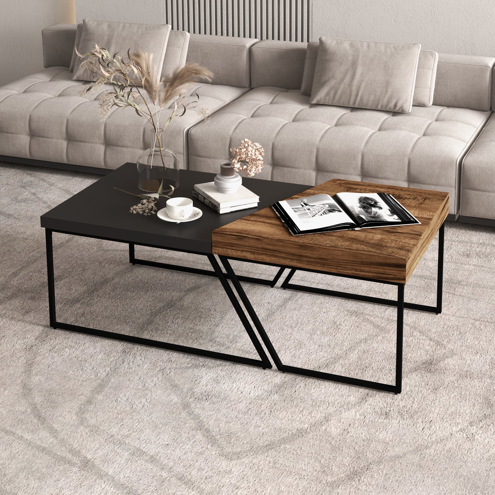 Industrial Coffee Table Set, 2 Geometric Tables