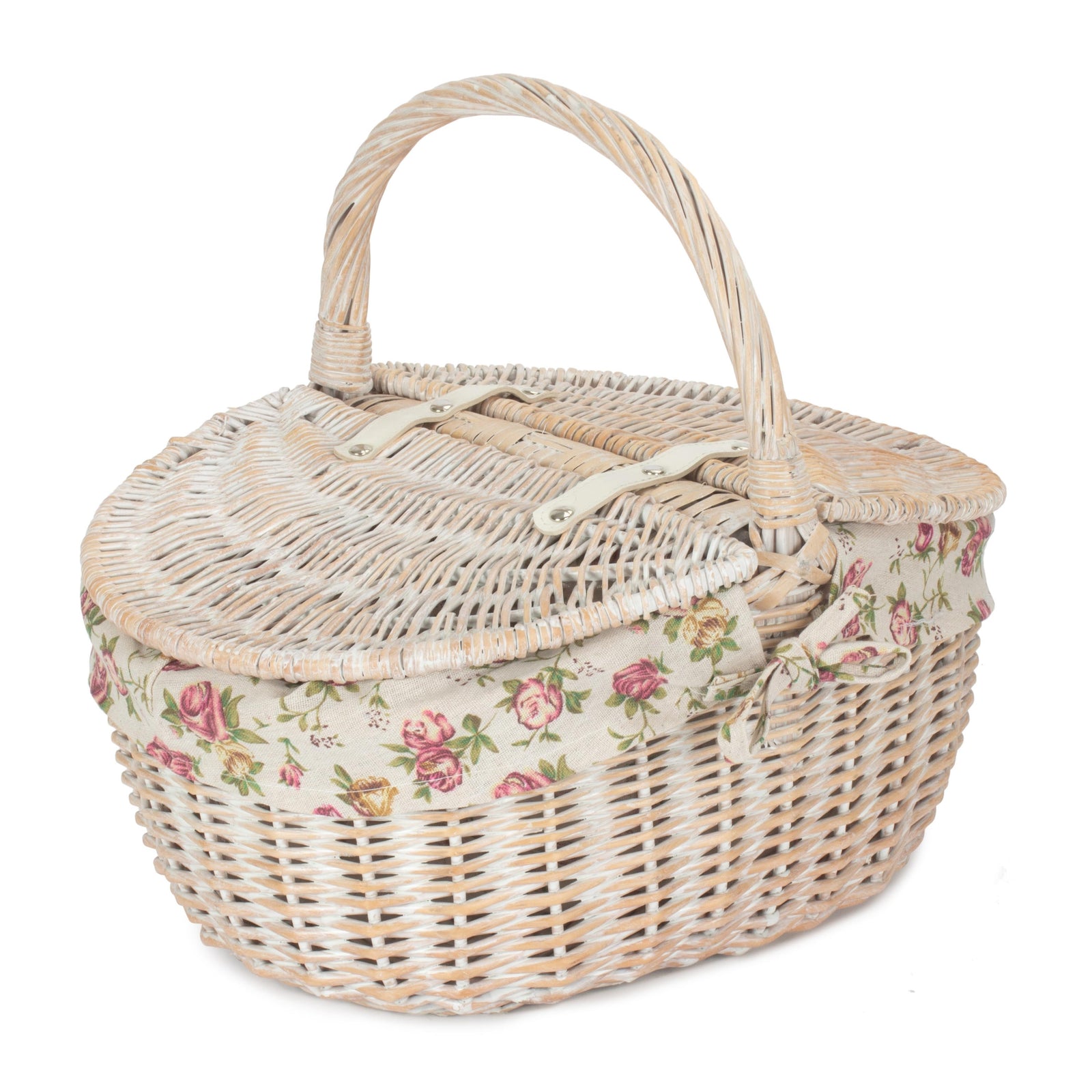 Wicker White Wash Finish Oval Picnic Basket | Pink