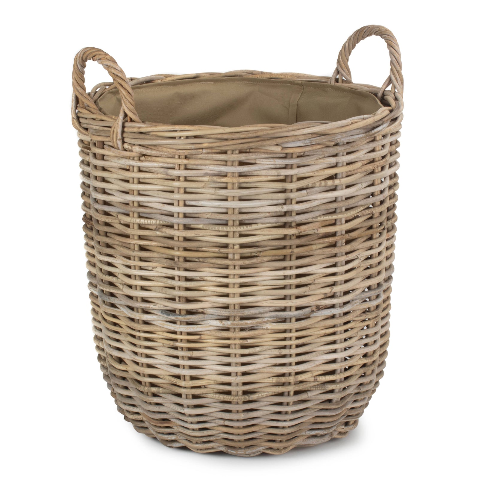 Cordura Lined Tall Round Fireside Grey Rattan Log Basket | Small | Brown