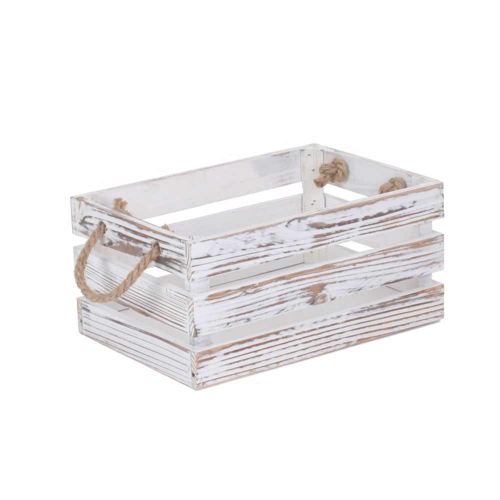 Red Hamper Distressed White Rope Handled Wooden Crate