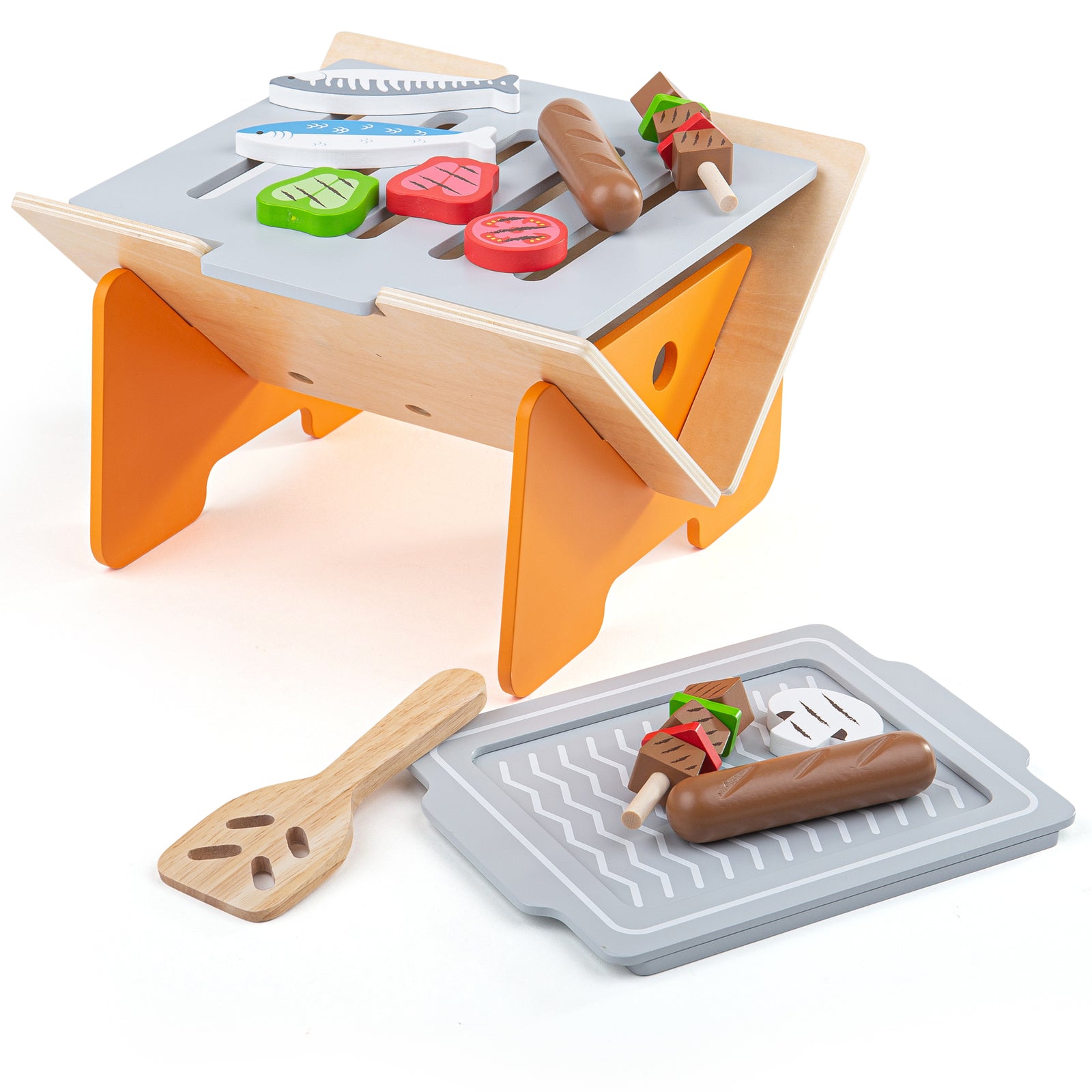 Wooden Bbq Grill Playset, Includes Food Pieces And Utensils