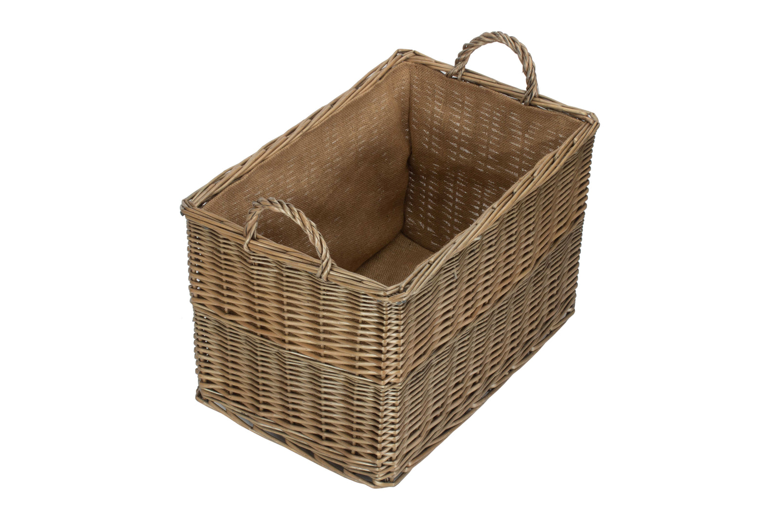 Wicker Antique Wash Rectangular Hessian Lined Basket | Large | Brown