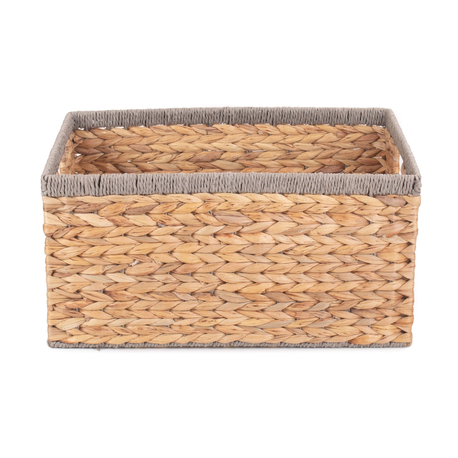 Water Hyacinth With Grey Rope Border Rectangular Storage Basket | Large | Brown