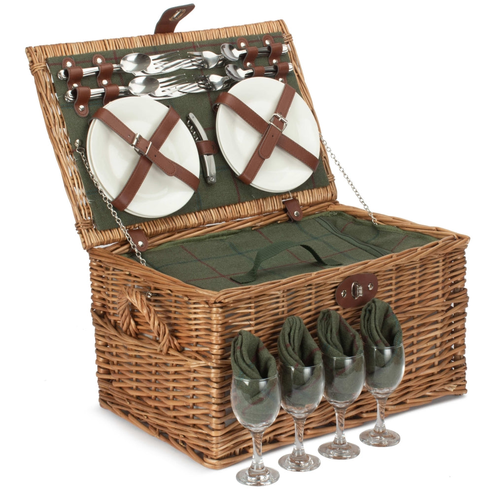 Four Person Green Tweed Chest Picnic Wicker Basket