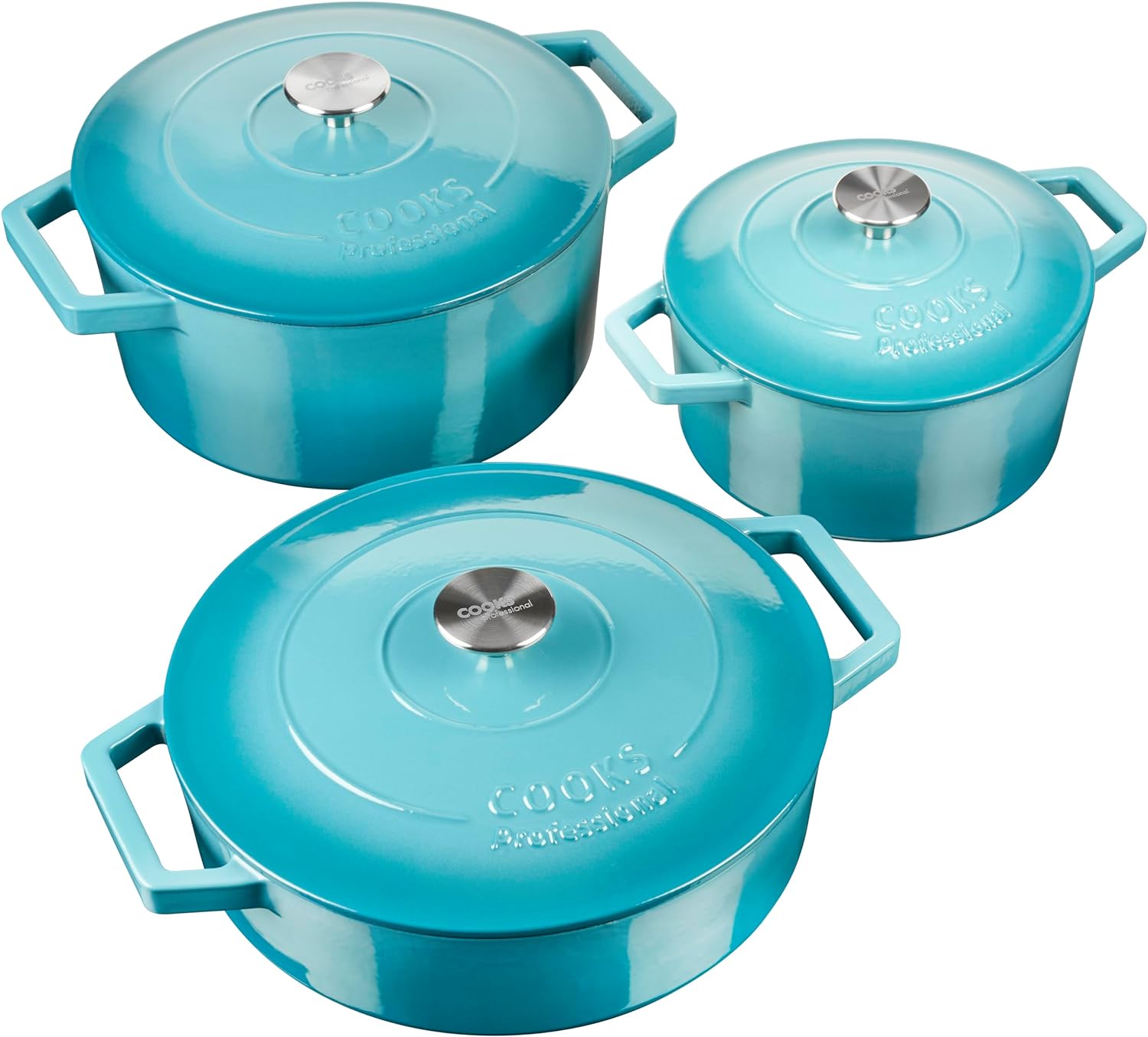 Cast Iron Casserole Set Of 3 20 Cm 26cm & 28cm / 2.8l 4.3l & 5.8l Dishes Oven Proof Enamelled Cast Iron Pans With Lids | Blue