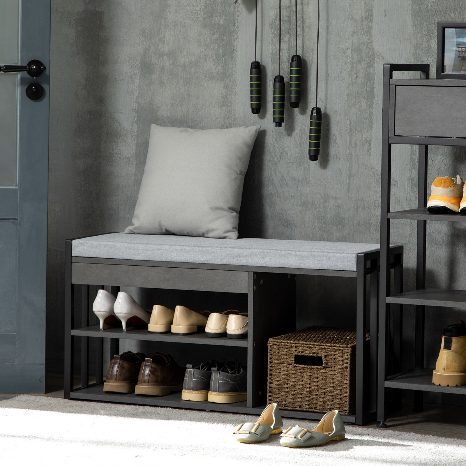 Upholstered Entryway Shoe Bench With Storage Open Shelves