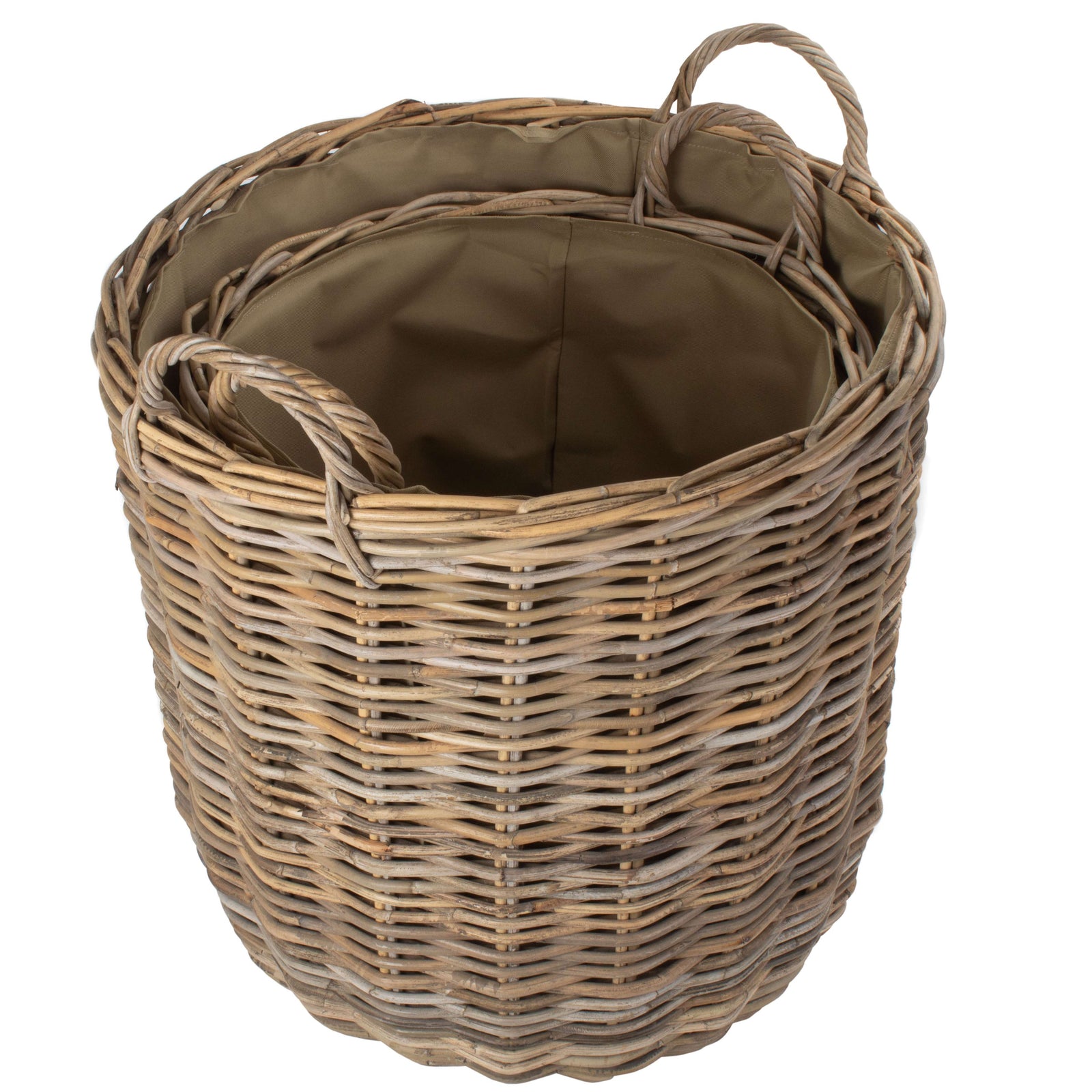 Cordura Lined Tall Round Fireside Grey Rattan Log Basket | Set-of-2 | Brown