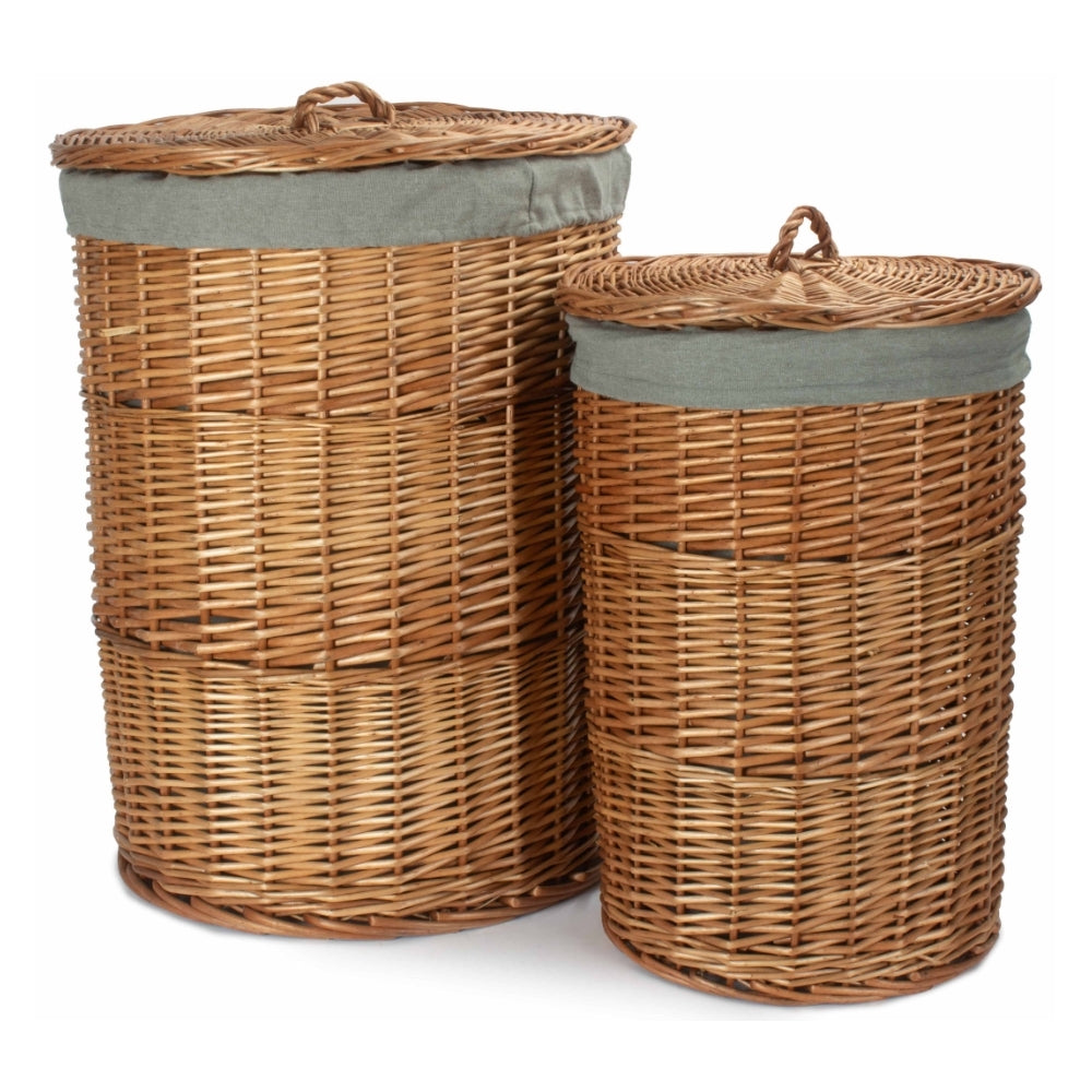 Light Steamed Round Linen Basket With Grey Sage Lining | Set-of-2