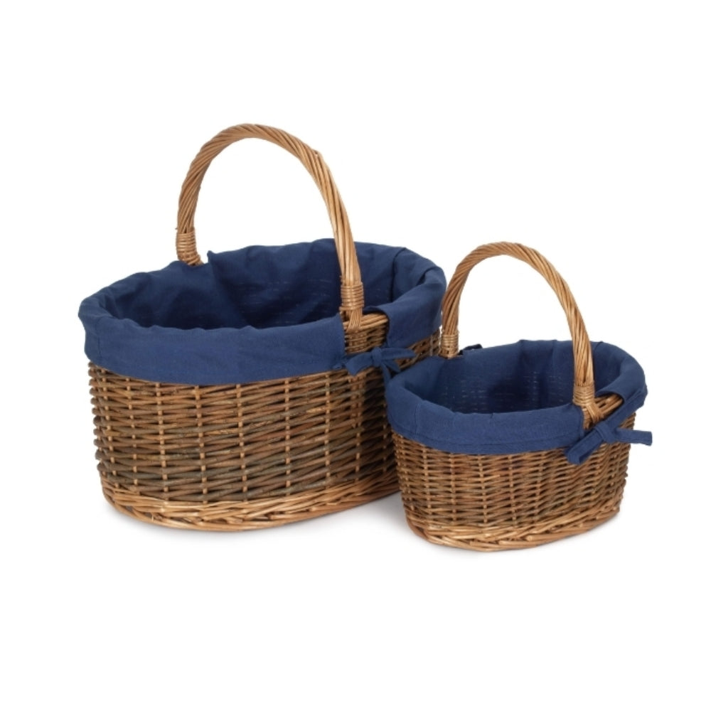 Red Hamper Navy Blue Lined Country Oval Wicker Shopping Basket