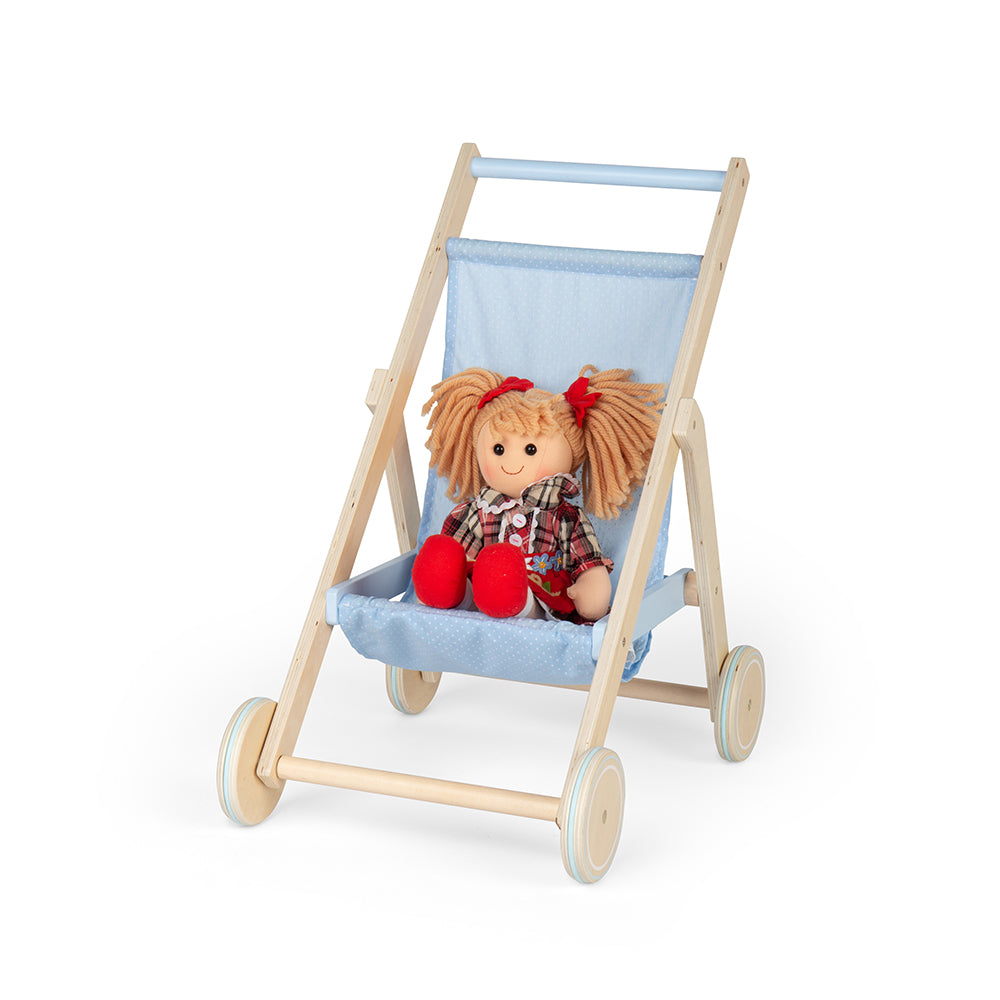 Wooden Doll's Stroller, Pastel-blue Polka Dot Design