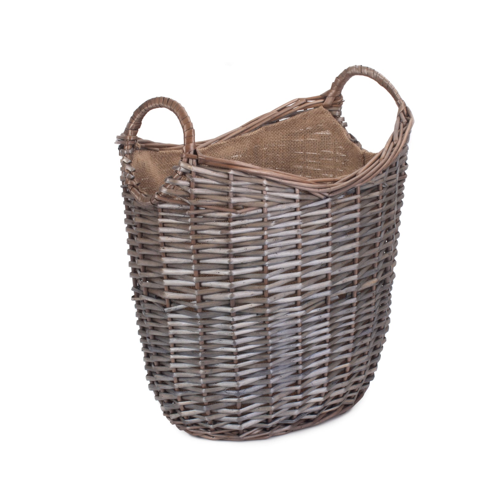 Wicker Scoop Neck Antique Wash Hessian Lined Log Basket | Small | Brown