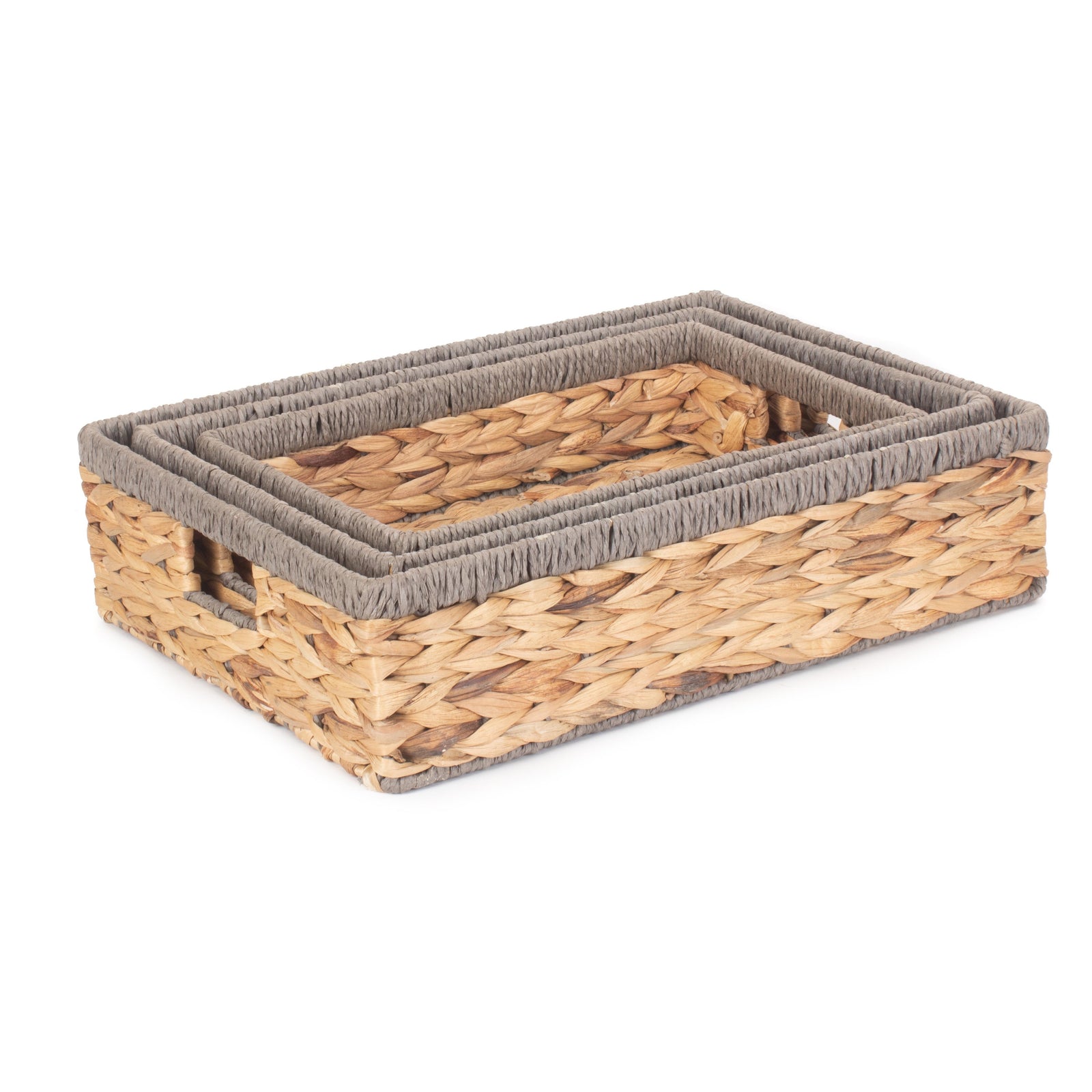 Shallow Rectangular Water Hyacinth With Grey Rope Border Storage Basket | Set-of-3 | Brown