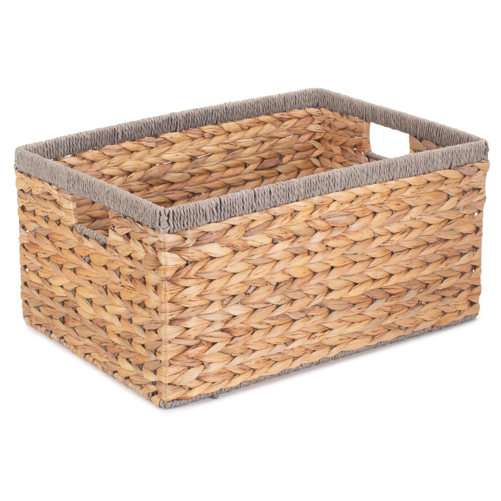 Water Hyacinth With Grey Rope Border Rectangular Storage Basket | Large | Brown