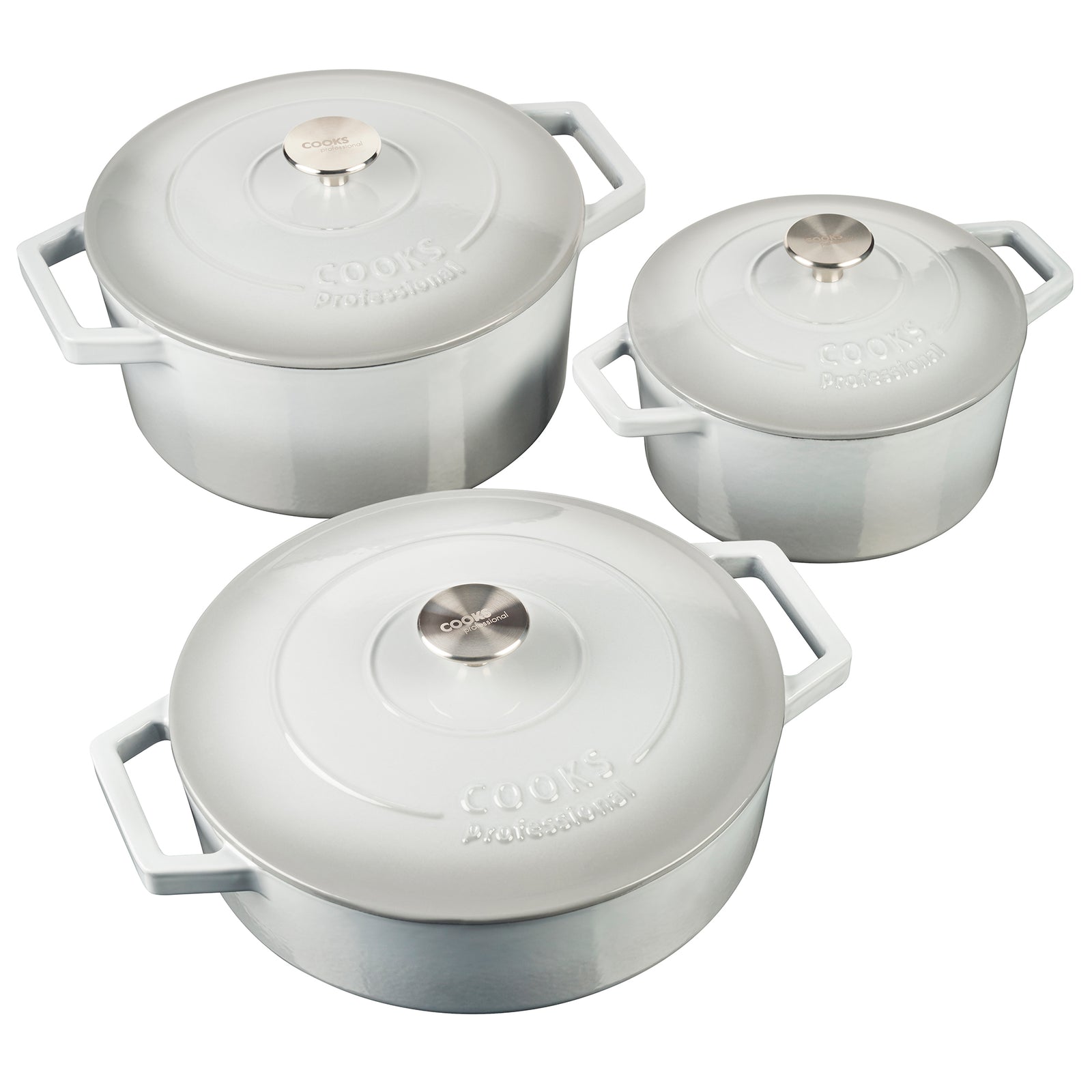 Cast Iron Casserole Set Of 3 20 Cm 26cm & 28cm / 2.8l 4.3l & 5.8l Dishes Oven Proof Enamelled Cast Iron Pans With Lids | Gray