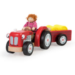 Wooden Red Tractor & Trailer Toy, Includes 2 Felt Hay Bales