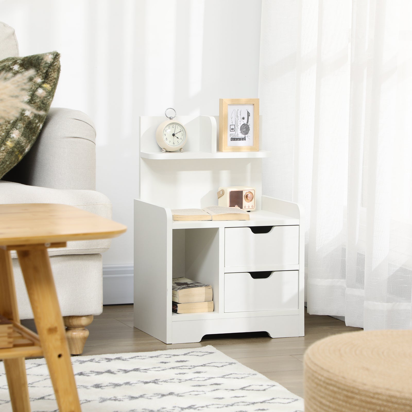 Modern Bedside Table W/2 Drawer And Storage Shelves Chest