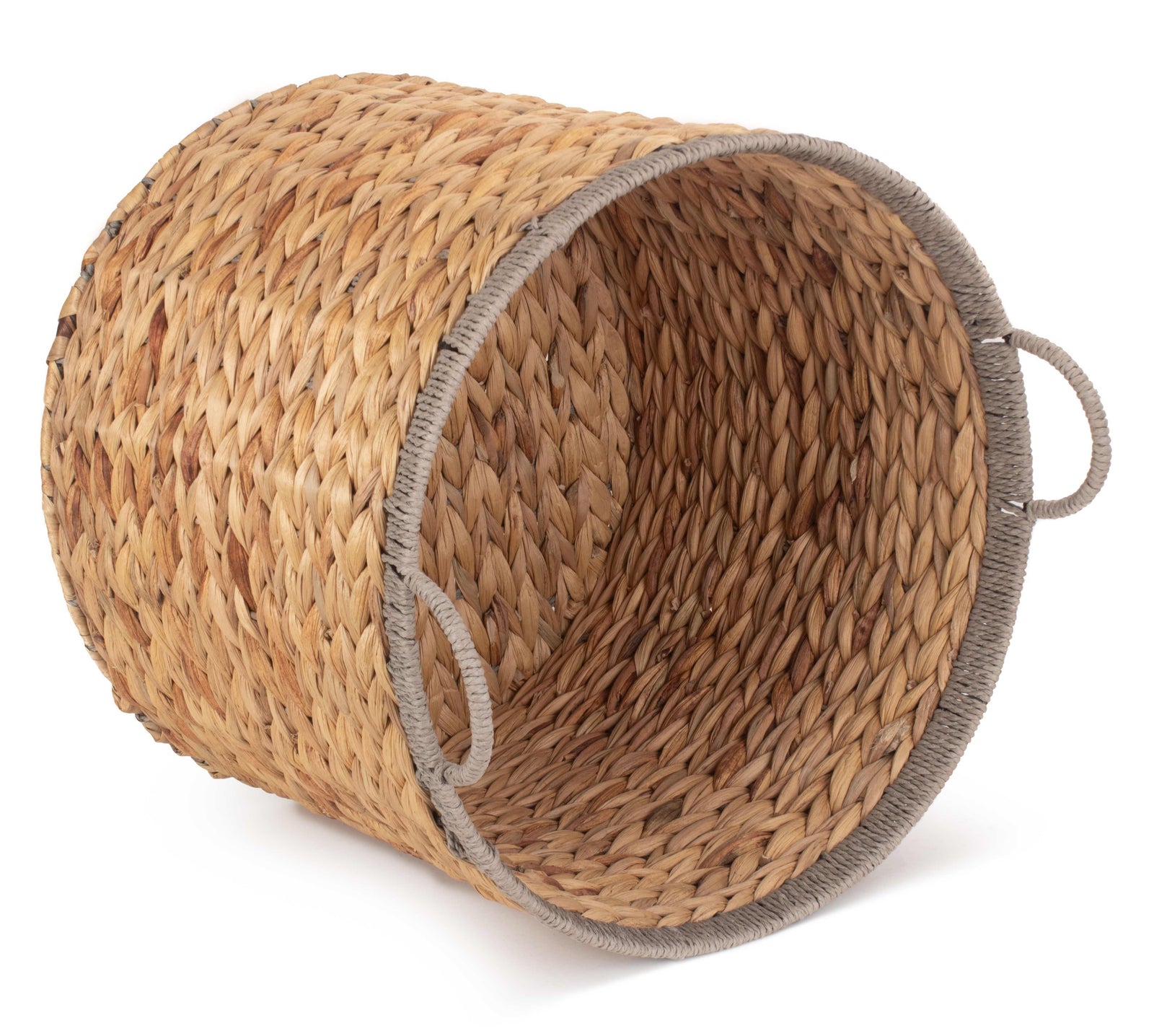 Round Water Hyacinth Basket With Grey Rope Border | Large | Brown