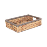 Shallow Rectangular Water Hyacinth With Grey Rope Border Storage Basket | Medium | Brown