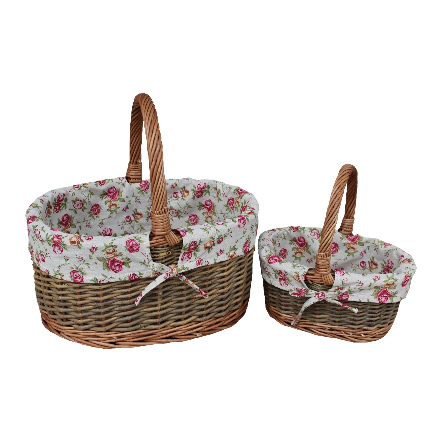 Garden Rose Lined Country Oval Wicker Shopping Basket | Set-of-2 | Pink