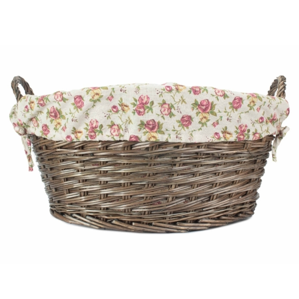 Red Hamper Wicker Antique Wash Finish Lined Wash Basket With Garden Rose Lining