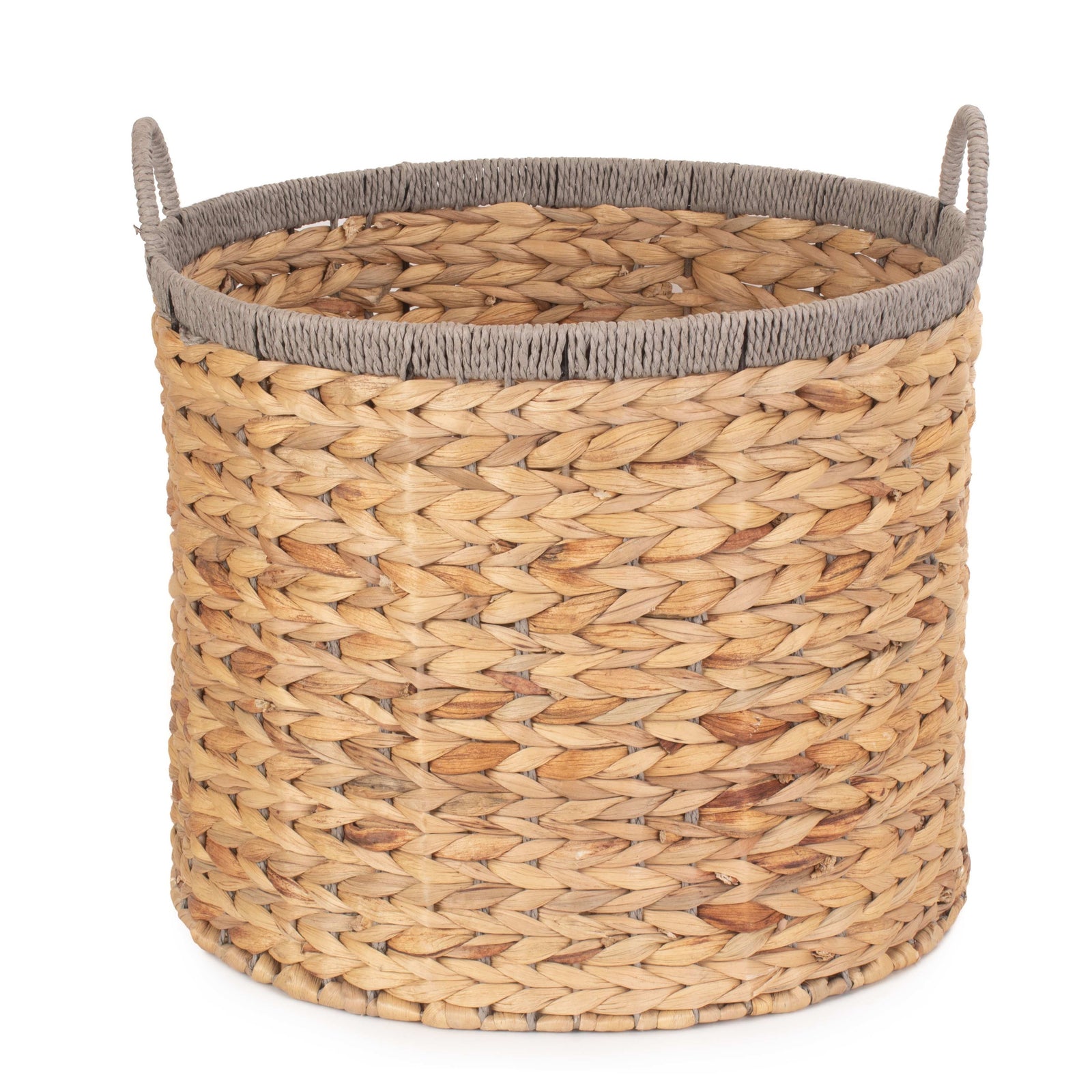 Round Water Hyacinth Basket With Grey Rope Border | Large | Brown