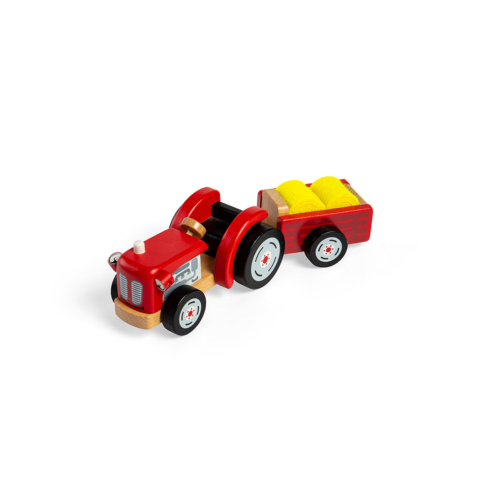 Wooden Red Tractor & Trailer Toy, Includes 2 Felt Hay Bales