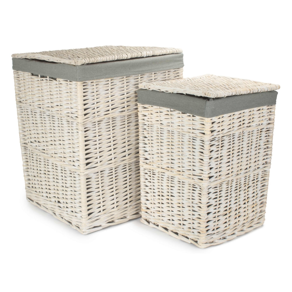 Square White Wash Laundry Hamper With Grey Sage Lining | Large