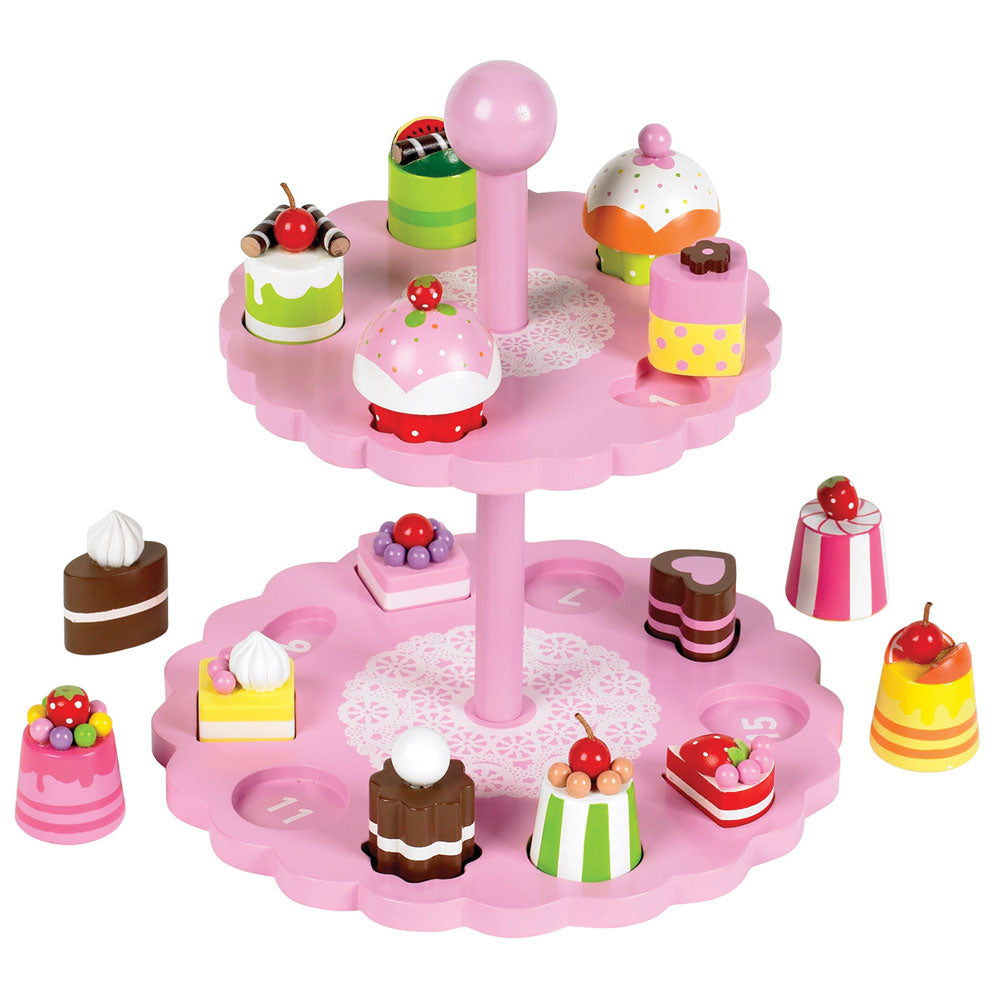 Wooden High Tea Playset, Features Two Tier Stand & 15 Cakes