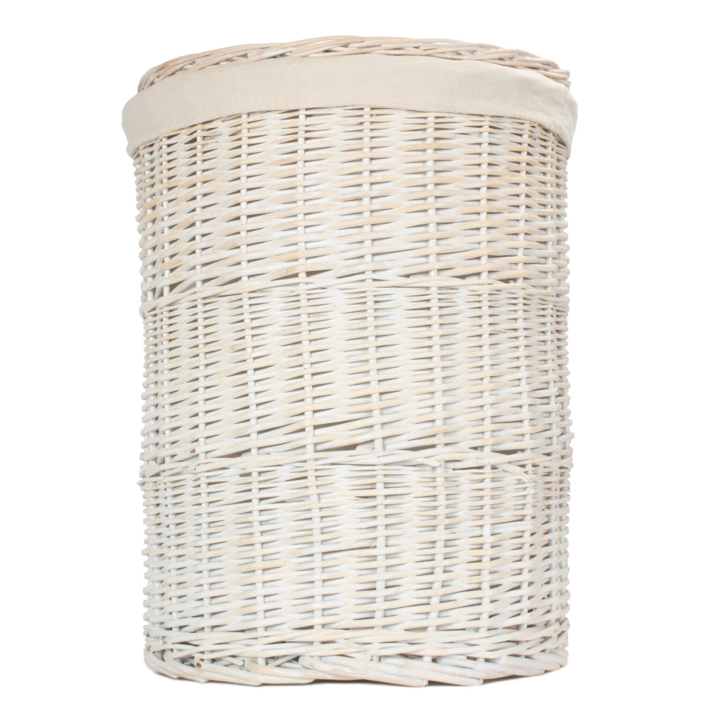 White Oatmeal Cotton Lined Round White Wash Laundry Basket | Large | White