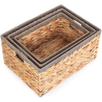 Water Hyacinth With Grey Rope Border Rectangular Storage Basket | Set-of-3 | Brown