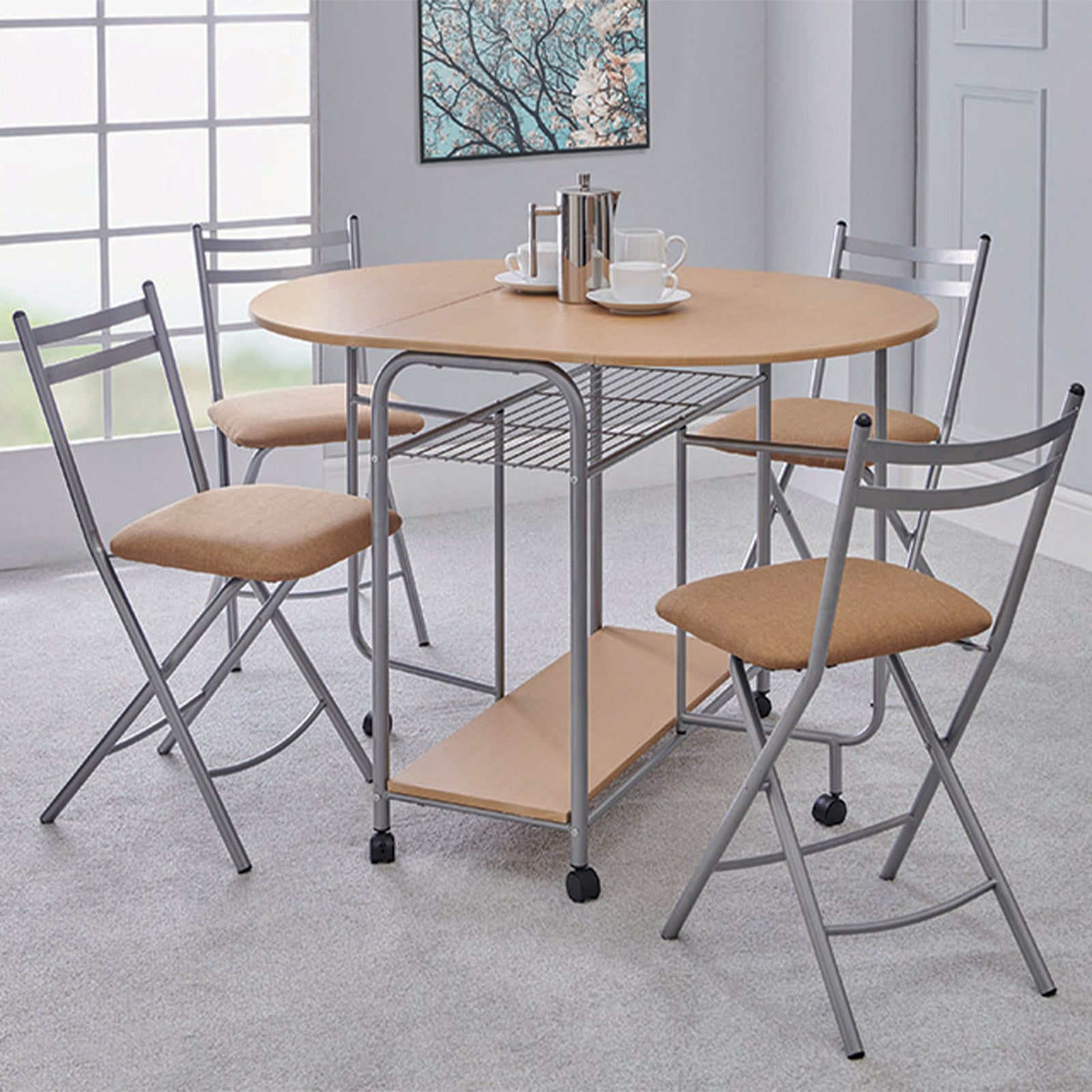 Stowaway Dining Set 4 Folding Chairs Oak And Silver Compact Design