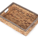 Shallow Rectangular Water Hyacinth With Grey Rope Border Storage Basket | Medium | Brown