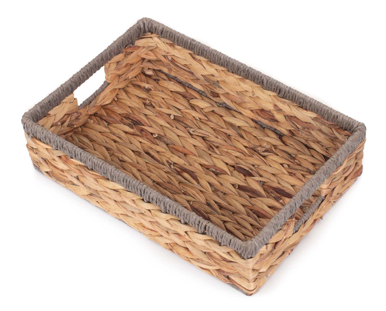 Shallow Rectangular Water Hyacinth With Grey Rope Border Storage Basket | Medium | Brown