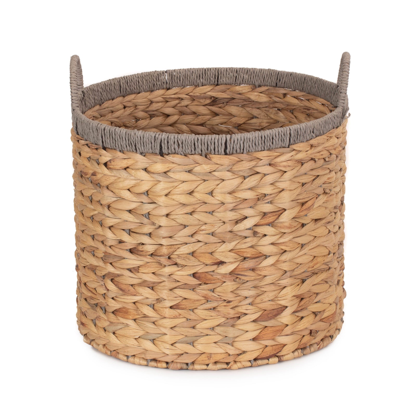 Round Water Hyacinth Basket With Grey Rope Border | Small | Brown