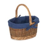 Navy Blue Lined Country Oval Wicker Shopping Basket | Small