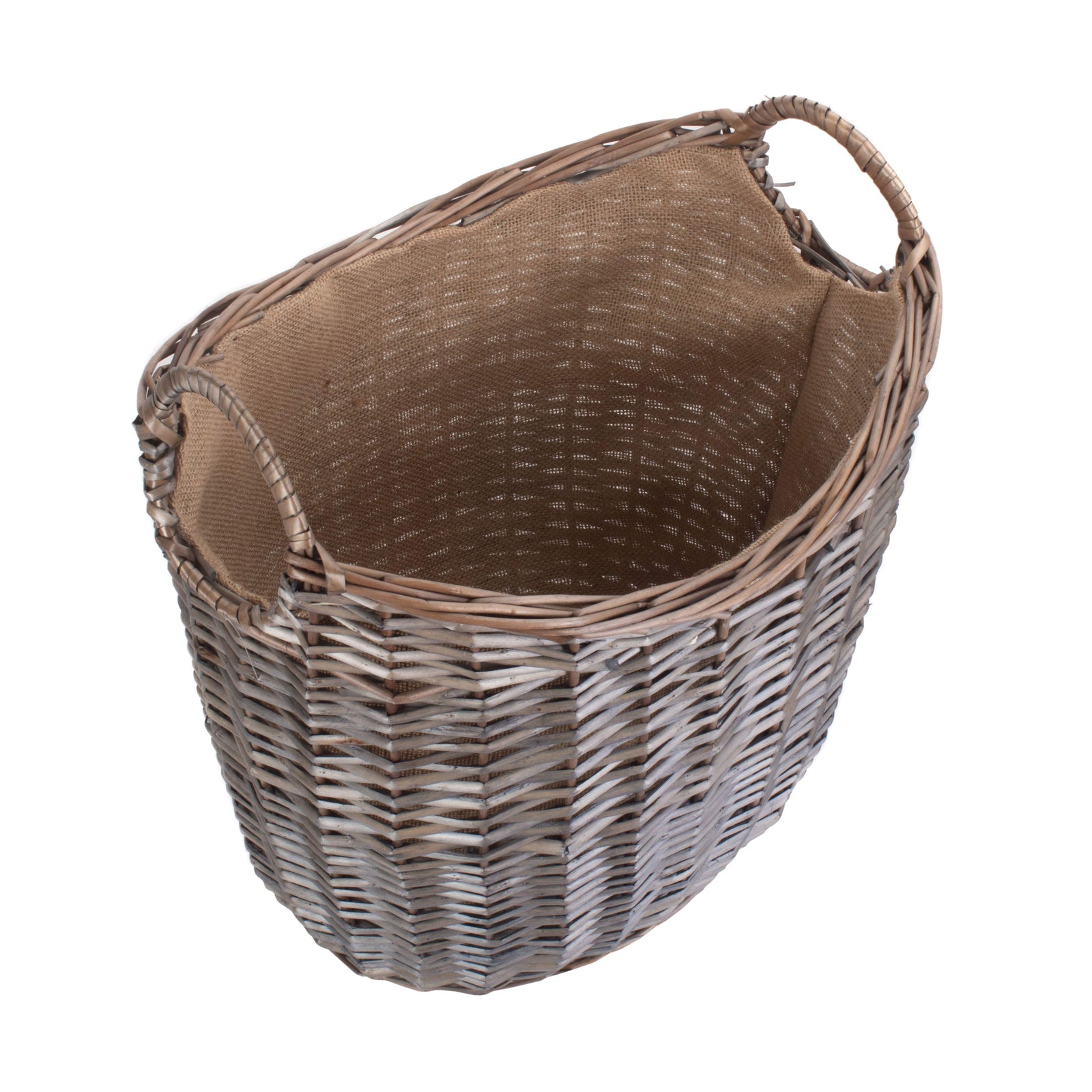 Wicker Scoop Neck Antique Wash Hessian Lined Log Basket | Medium | Brown